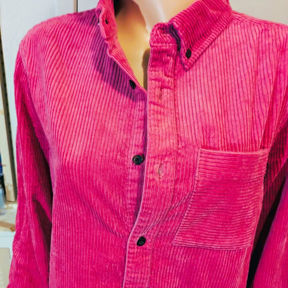 UNISEX HOUSTON WHITE DARK PINK CORDUROY BUTTON DOWN JACKET with UPPER POCKET